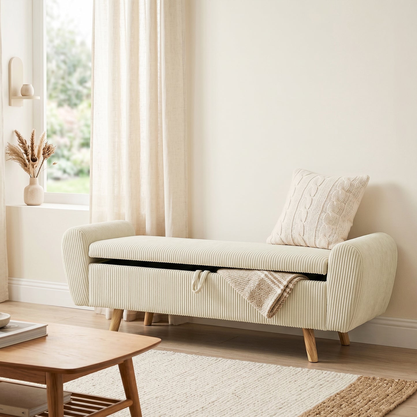 Storage Ottoman, 59" Corduroy End of Bed Storage Bench for King Size Bed with Wooden Legs and Rolled Arms, Beige
