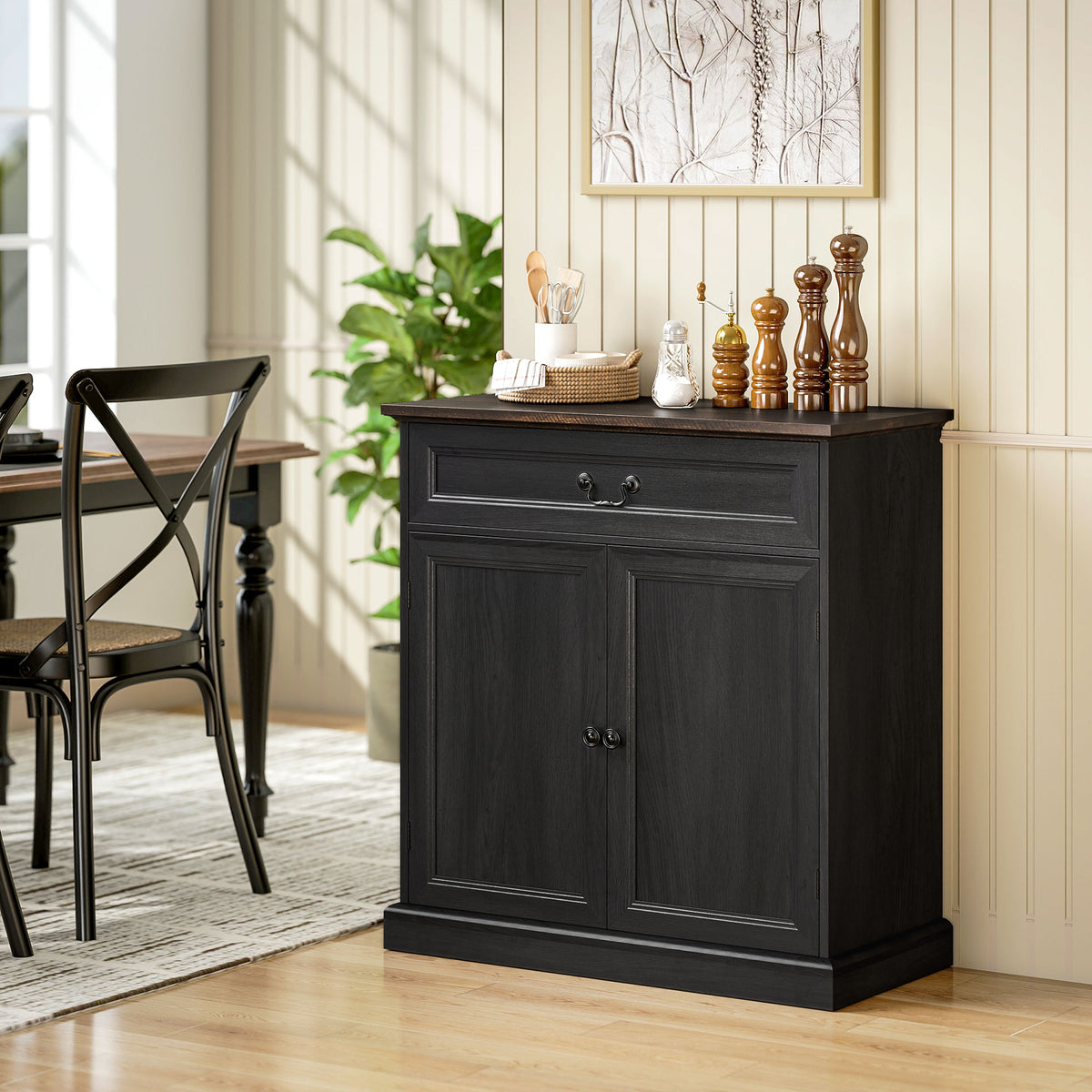 Buffet Cabinet, 32" Farmhouse Sideboard with Thick Top, Quiet Drawer and Adjustable Shelf, Black Wood Grain