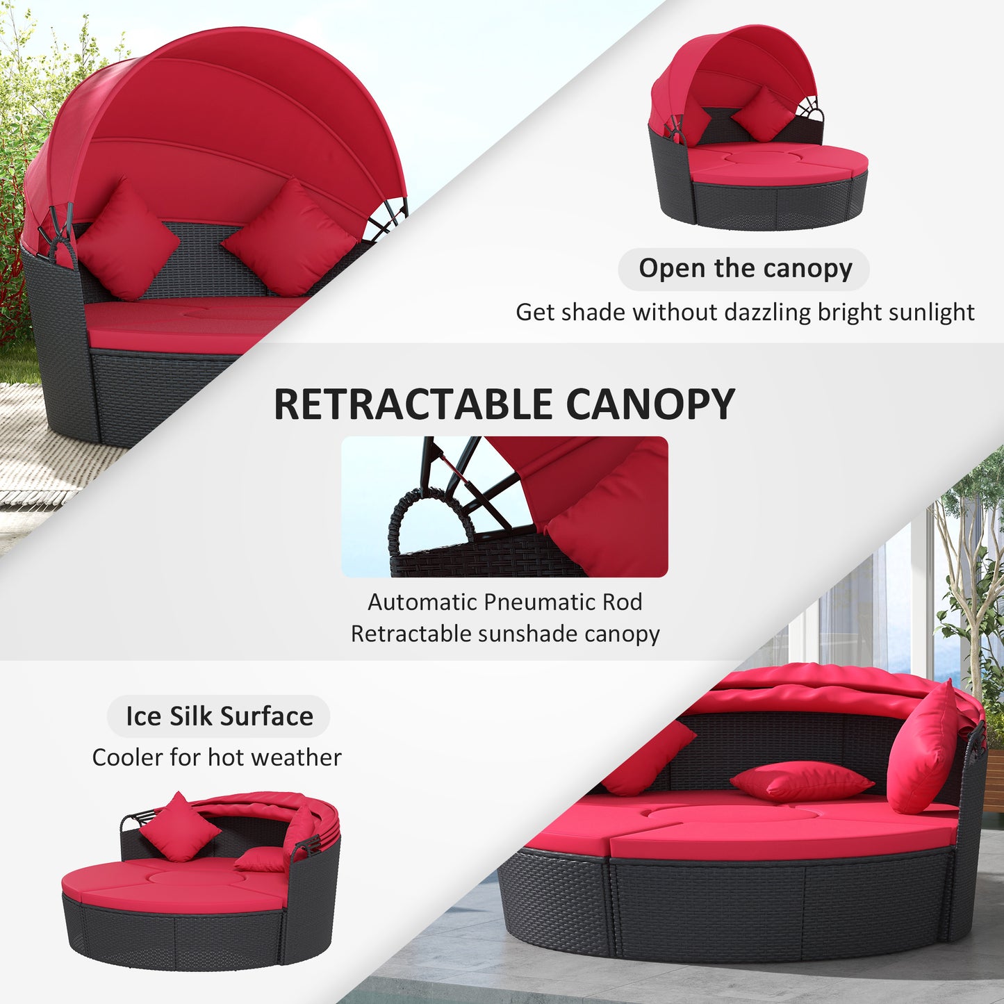 4 Pieces Outdoor Daybed with Retractable Canopy, Wicker Lounger Bed, Conversation Furniture Set, Dark Blue