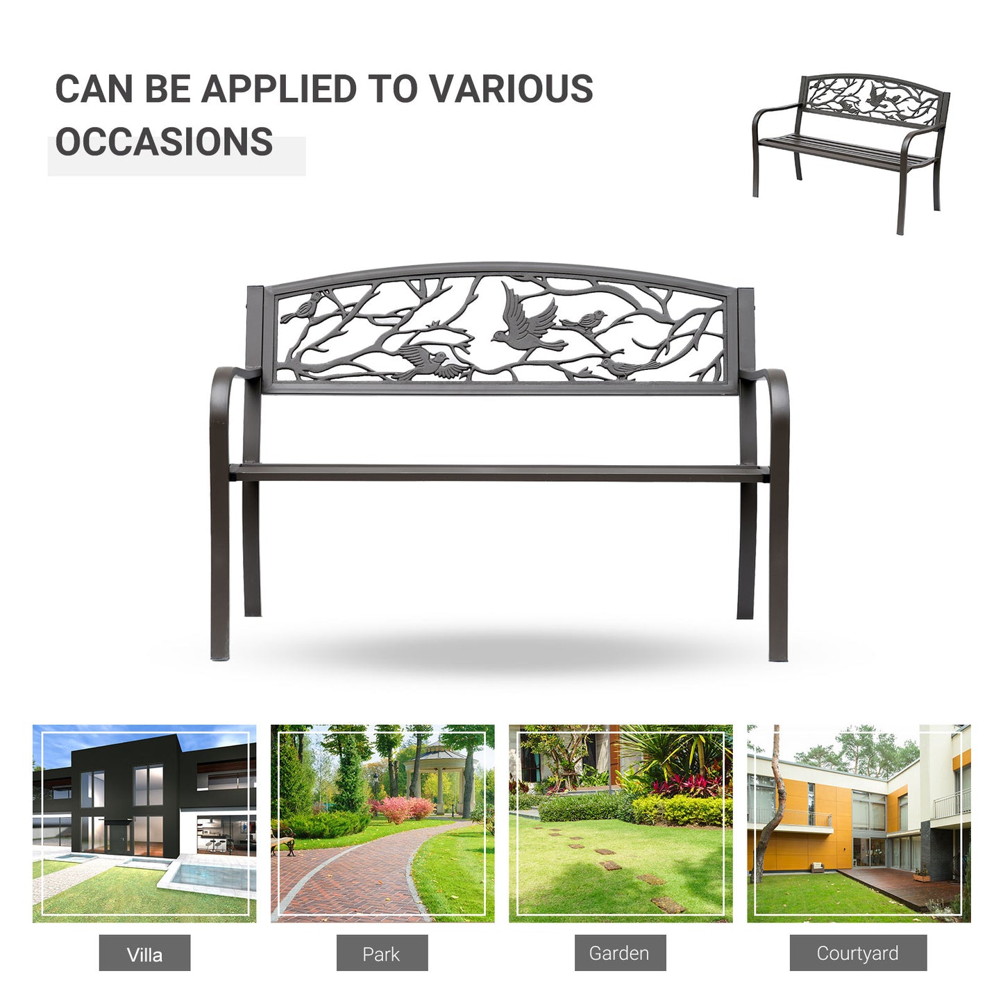 50" Garden Bench Outdoor Loveseat with Vintage Bird Pattern Cast Metal
