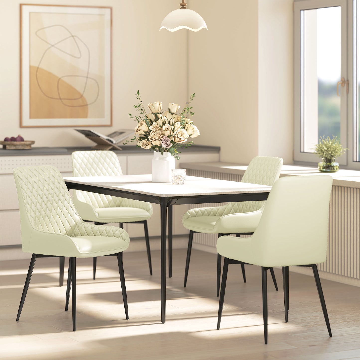 Set of 4 Upholstered Kitchen Chairs, Modern Dining Chairs with Diamond Tufting and Steel Legs for Dining Room, Cream White