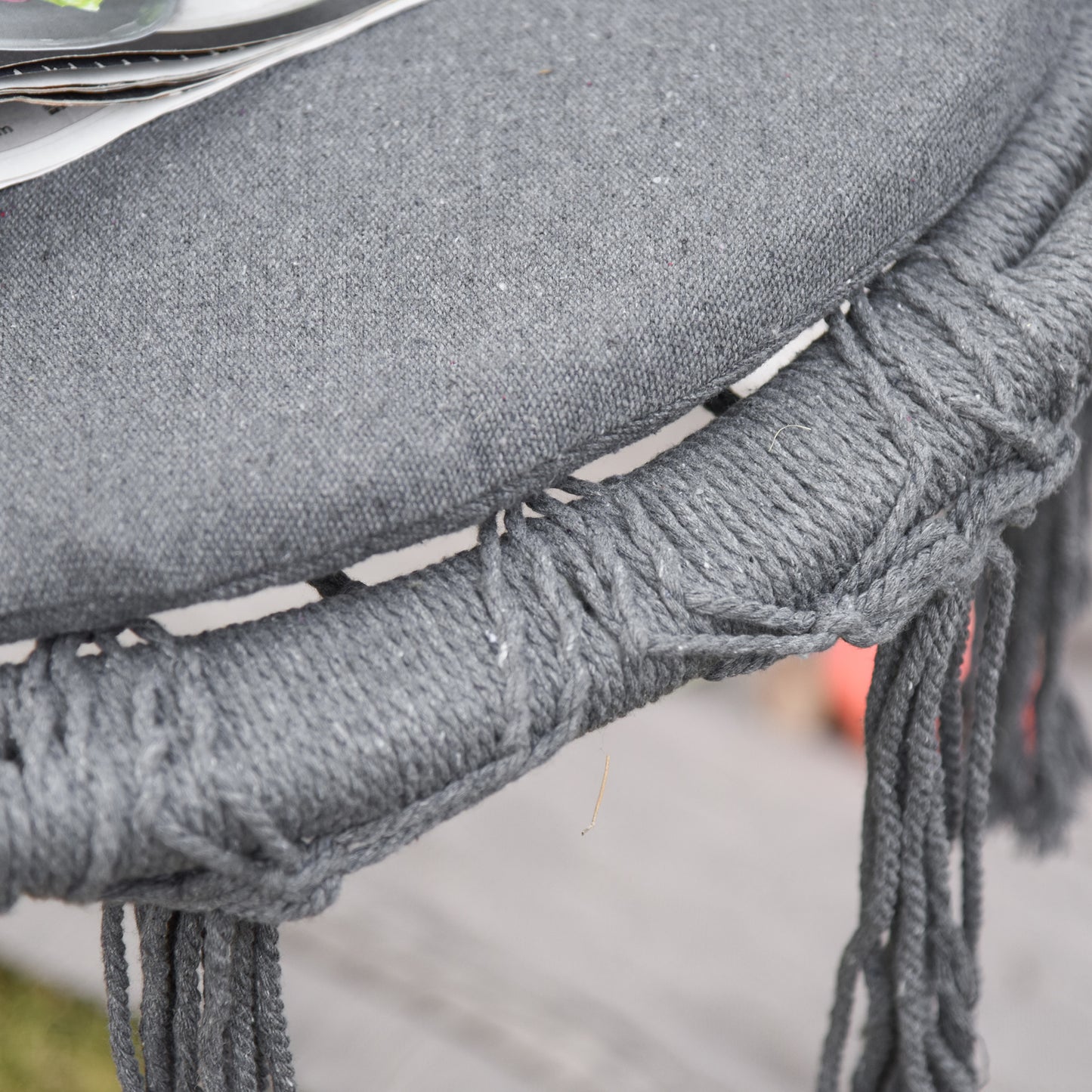 Patio Hammock Chair, Hanging Rope Hammock Swing for Indoor & Outdoor Use with Backrest, Cotton-Polyester Blend, Fringe Tassels, Dark Grey