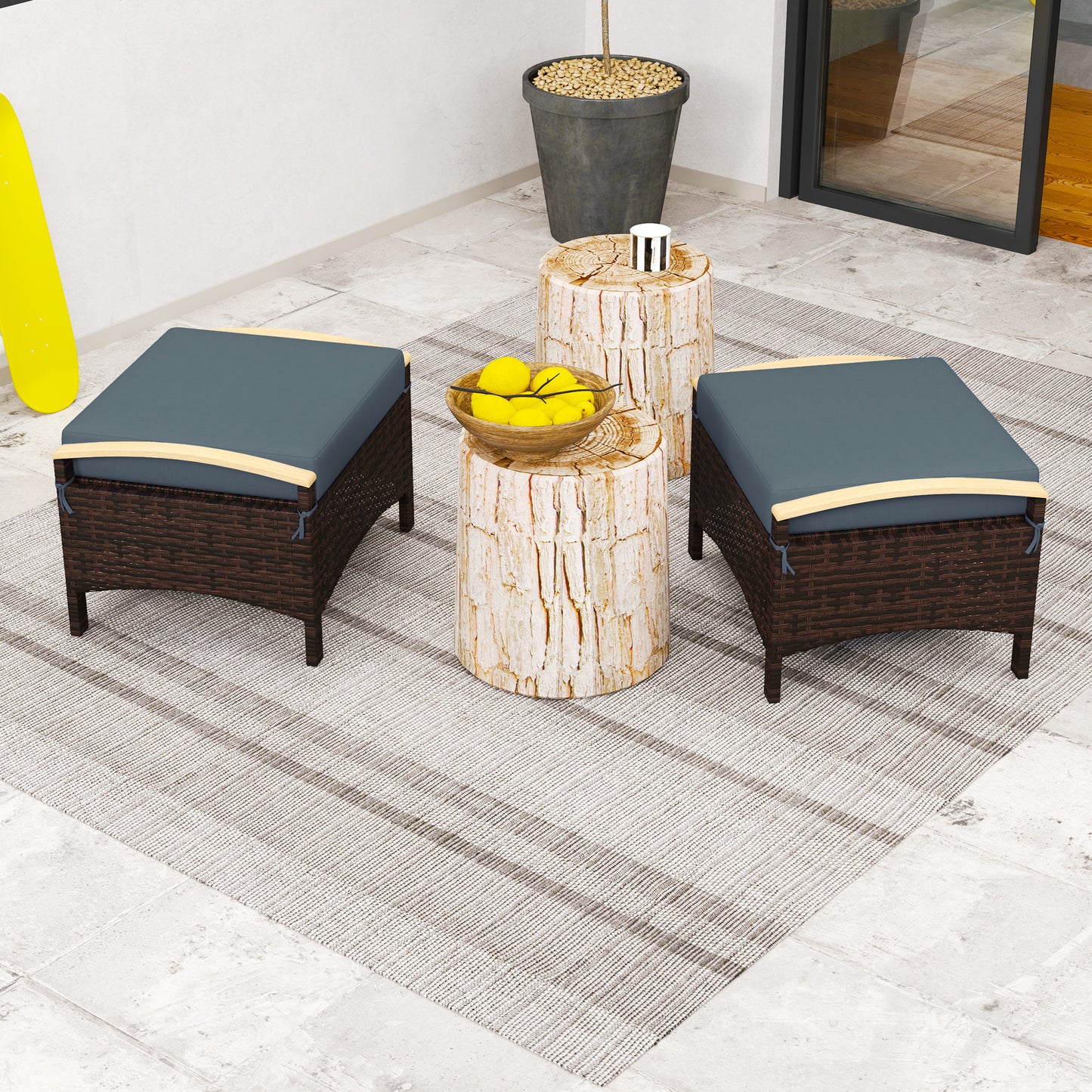 2 Pieces Wicker Outdoor Ottoman with Removable Cushion, Rattan Outdoor Footstool, Footrest and Side Table, Blue