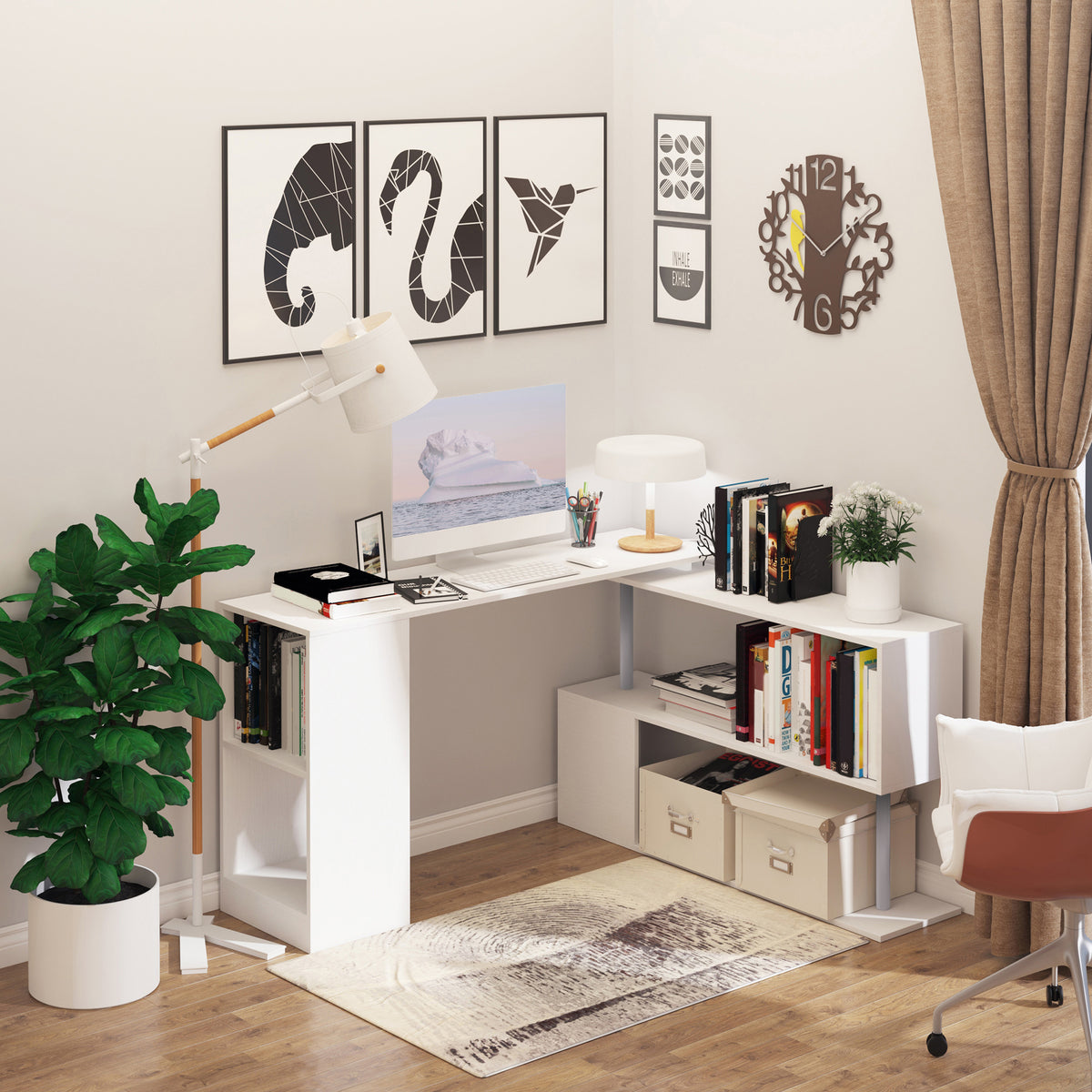 55" Corner Computer Desk, 360° Rotating L-Shaped Desk, Home Office Workstation with 3-Tier Shelves, White