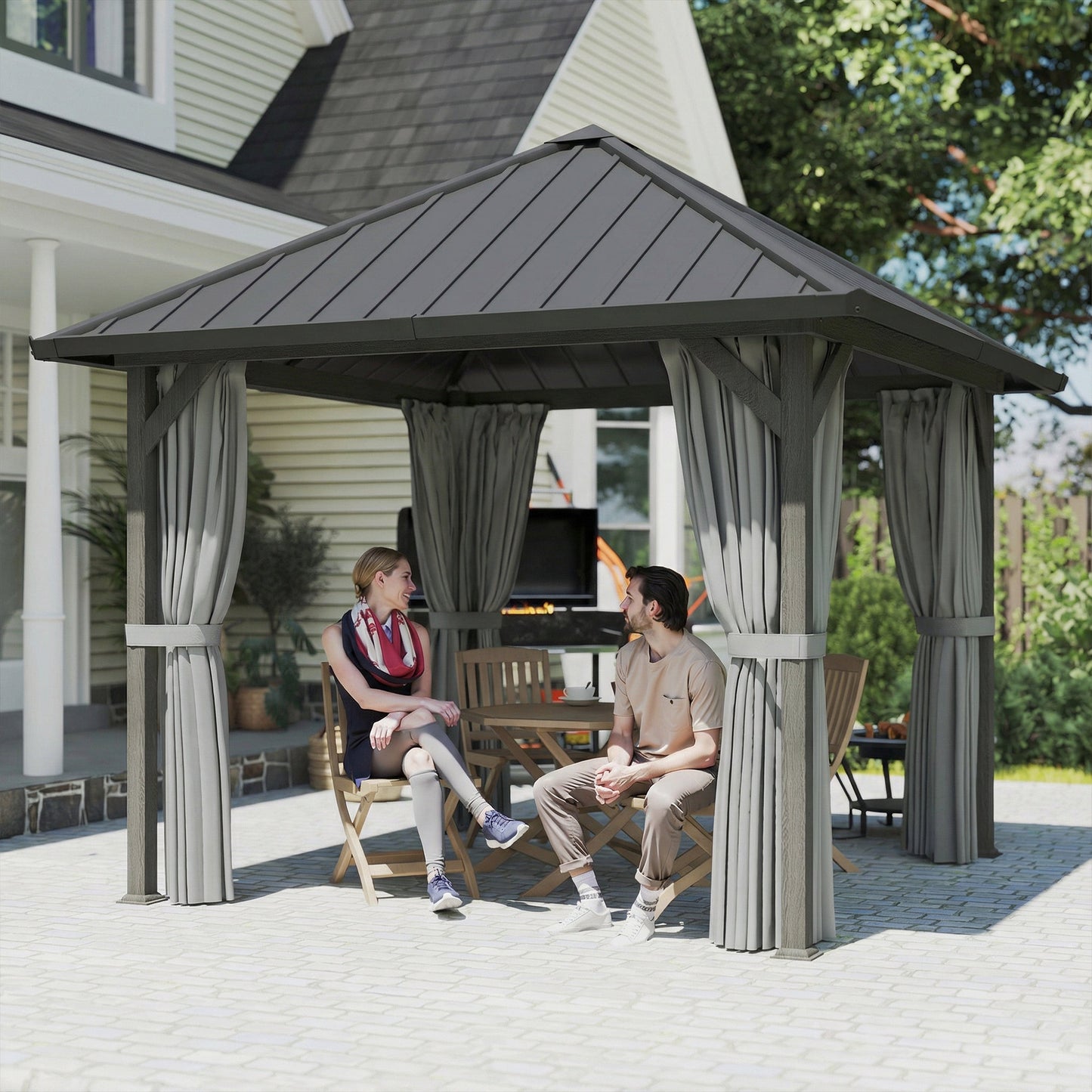 10' x 10' Hardtop Gazebo with Galvanized Steel Roof, Permanent Garden Gazebo with Netting and Curtains