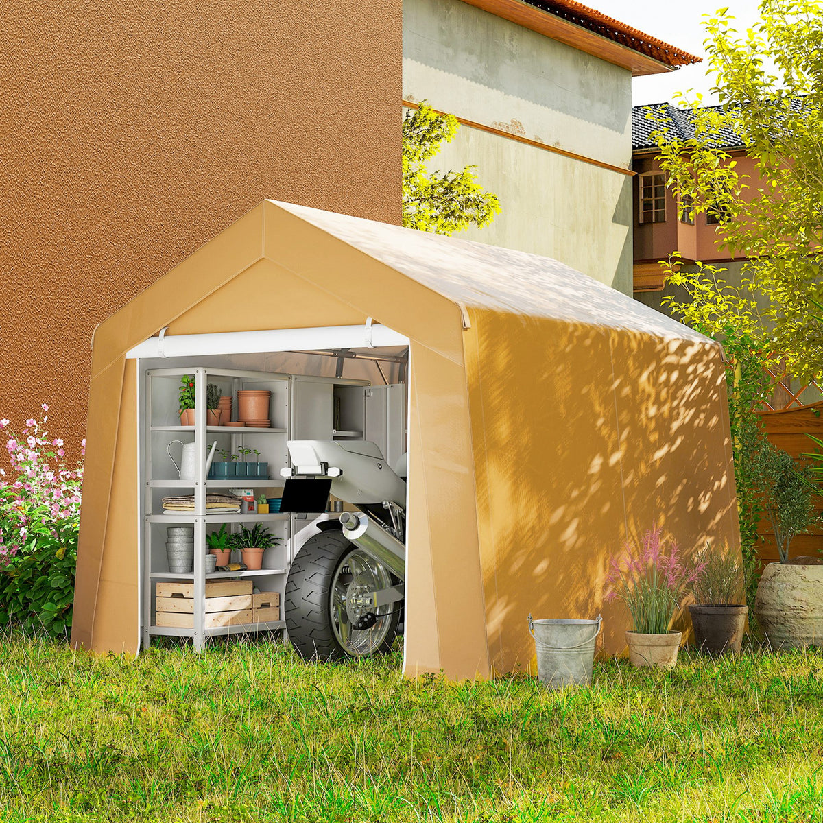 Outdoor Storage Shed Portable Garage with Roll-up Door for Motorcycle, Bike, Garden Tools, Beige