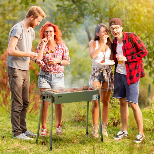 Portable BBQ Grill, Charcoal Grill with Side Seasoning Baskets, Hooks and Nets for Outdoor, Picnic, Camping, Dark Green