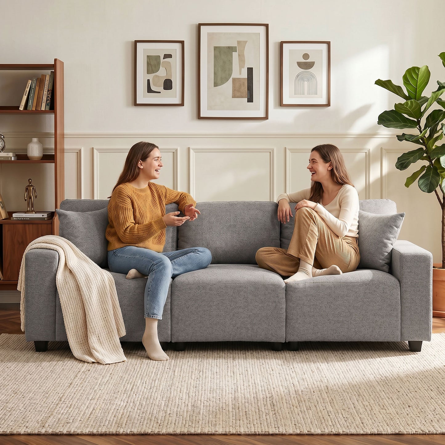 3 Seater Sofa with Storage Pockets, Modern Upholstered Couch with Pocket Springs, Grey