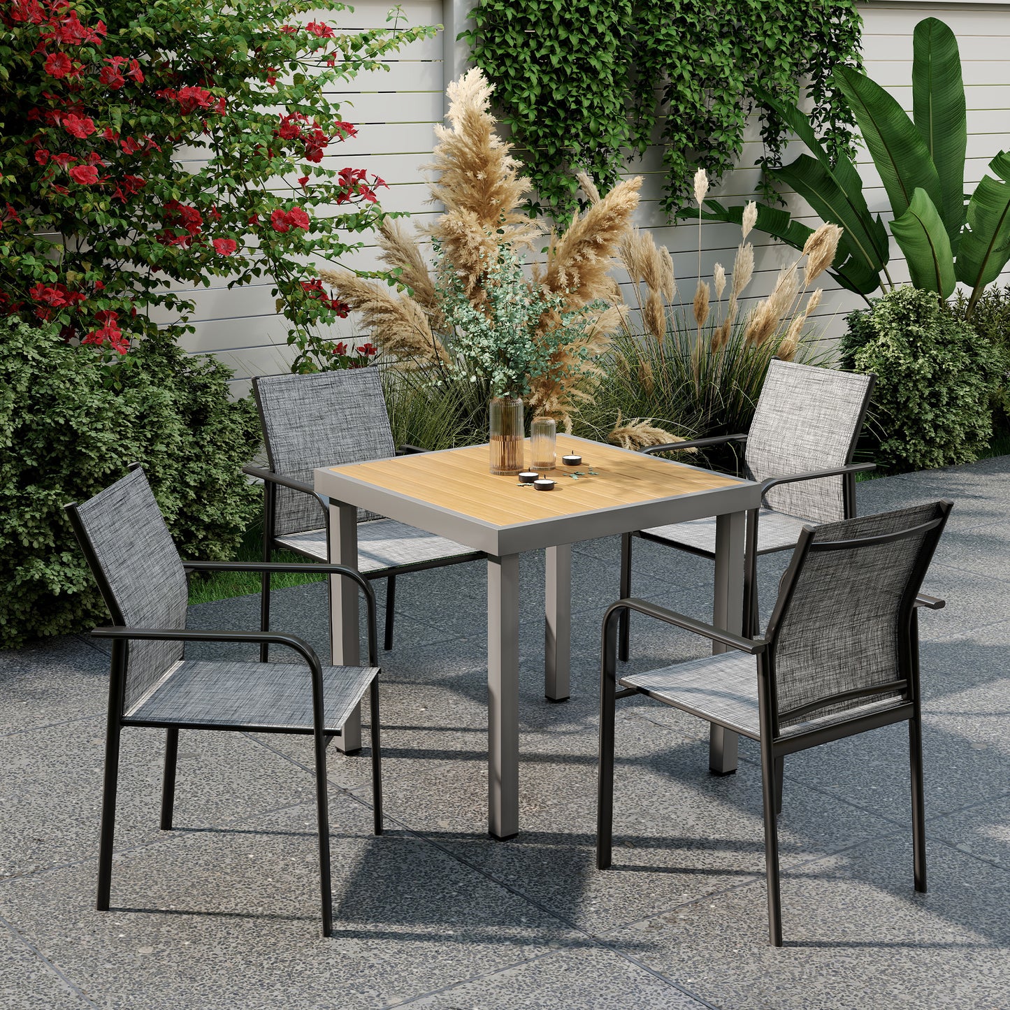 Stackable Patio Chairs Set of 4, Outdoor Dining Chairs with 20" Deep Seat, All Weather Breathable Mesh, Armrests, Black - Grey