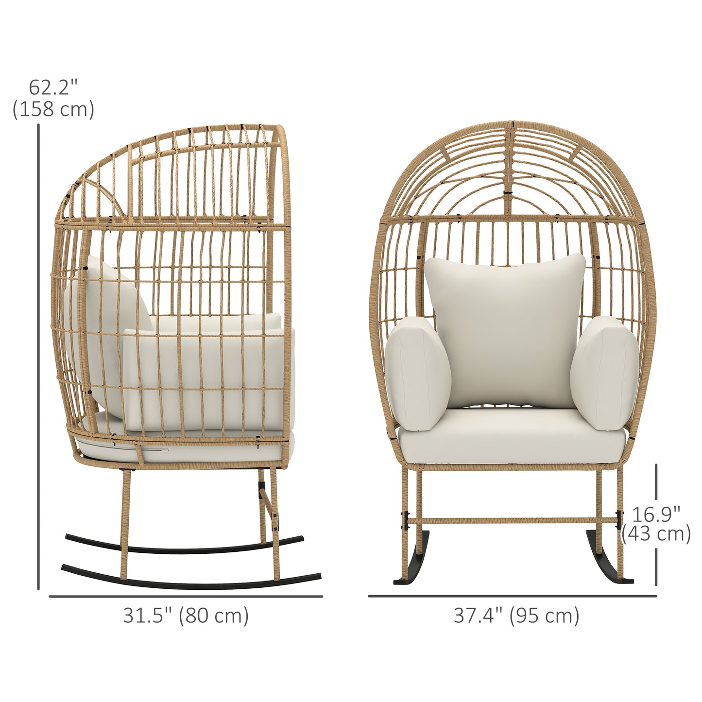 Oversized Rocking Chair, Indoor Outdoor Egg Chair w/ Thickened Cushions, Wicker Patio Lounger for Porch, Balcony, Beige