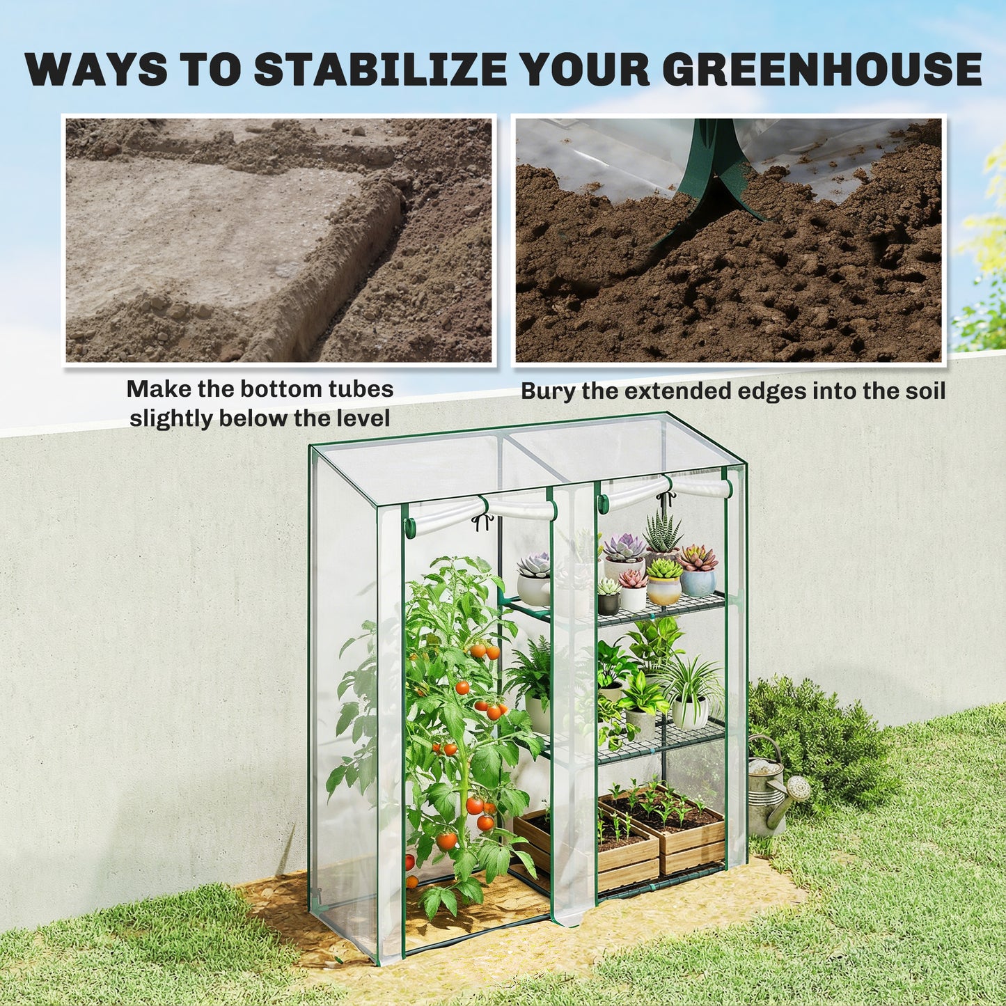 Mini Greenhouse, Portable Greenhouse with 3 Shelves, 2 Roll-up Doors, 56.3" x 17.7" x 59.4", Clear