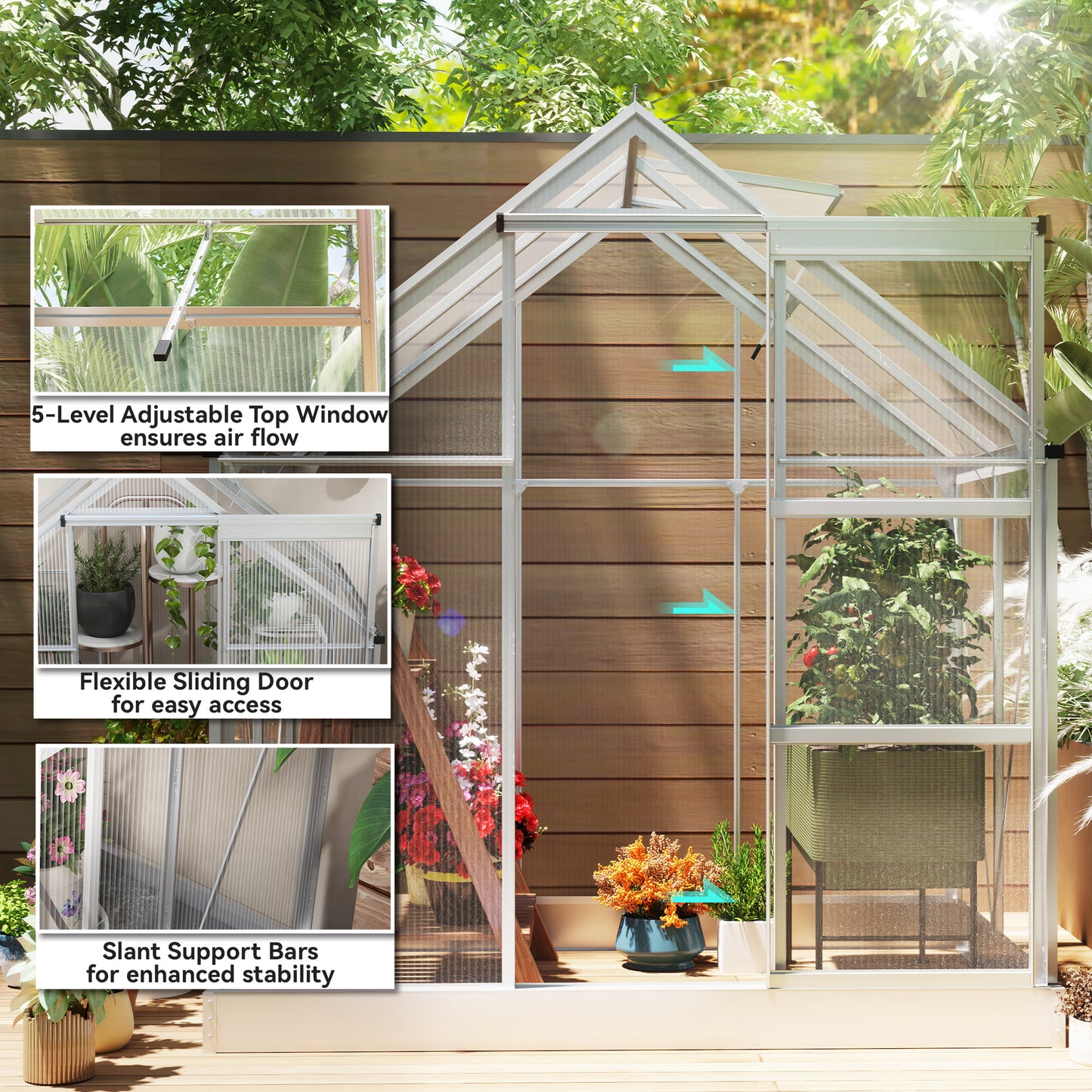 Walk-In Greenhouse, Polycarbonate Greenhouse with Sliding Door, Window, Aluminium Frame, Foundation, Silver