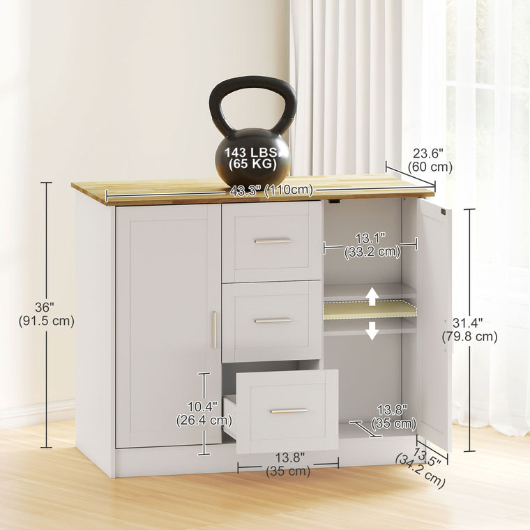 Kitchen Island with 3 Drawers & Storage - White