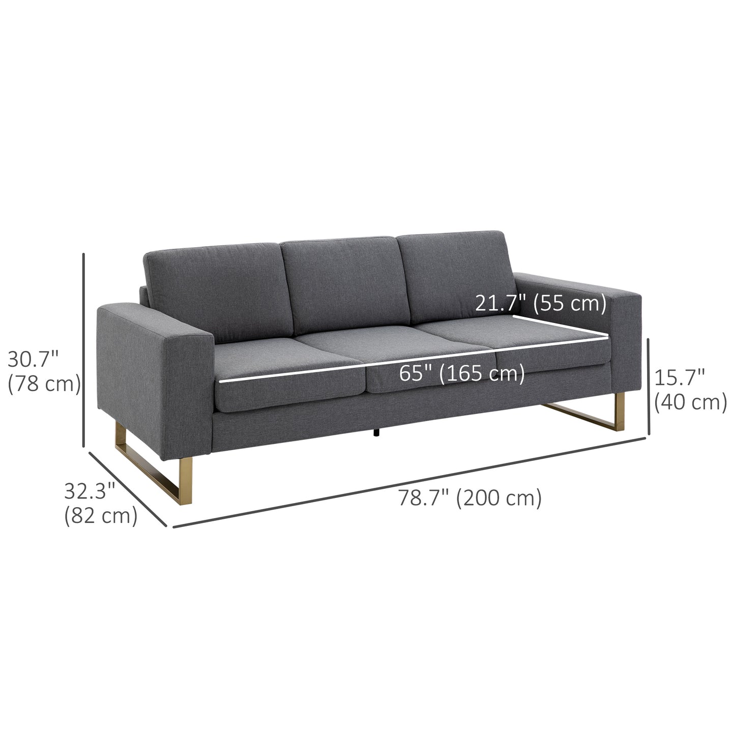 3 Seater Sofa, Linen Upholstered Cozy Padded Couch with Steel Leg, Backrest and Wide Armrest, for Living room, Bedroom, Dark Grey
