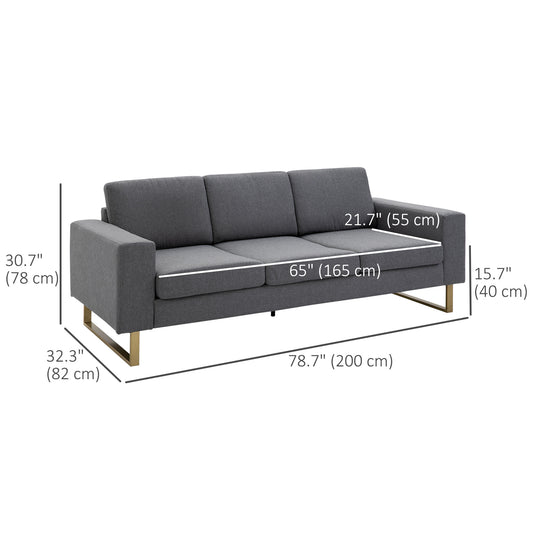 3-Seater Linen Sofa with Steel Legs - Dark Grey