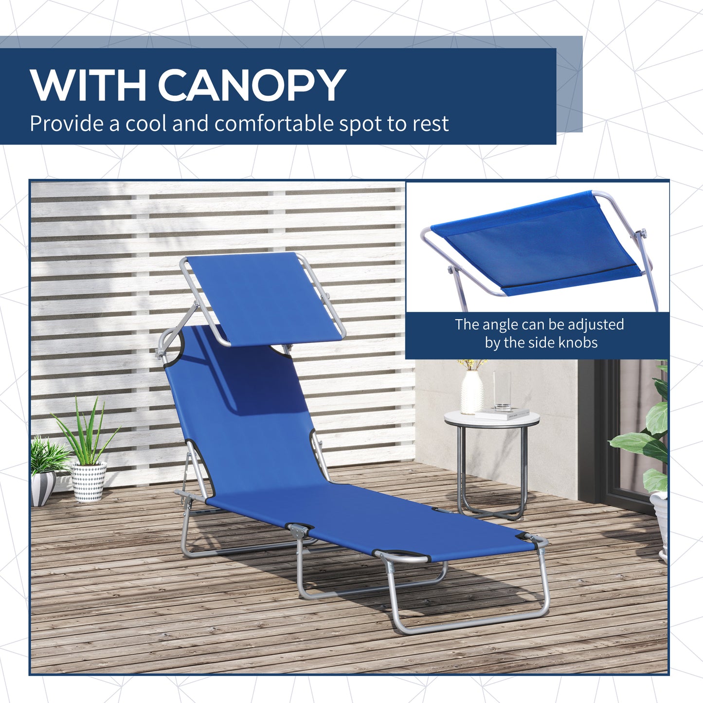 Outdoor Lounge Chair, Adjustable Folding Chaise Lounge, Tanning Chair with Sun Shade for Beach, Camping, Hiking, Backyard, Light Grey