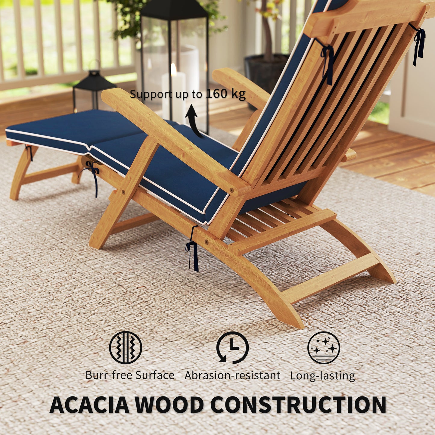 Folding Patio Lounge Chair with Padded Cushion, Acacia Wood Patio Lounger Recliner with Footrest for Garden, White