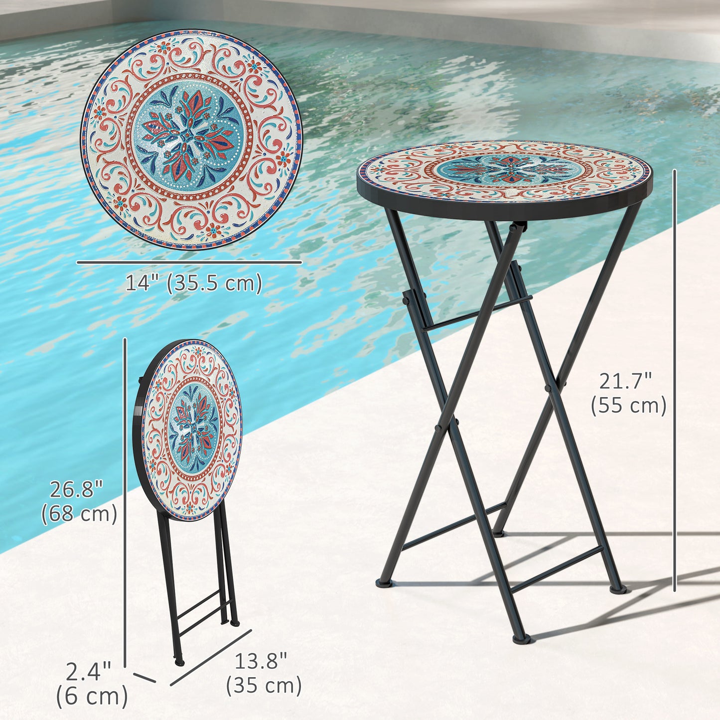 Mosaic Outdoor Patio Side Table, 14" Round Folding Outdoor Coffee Table with Steel Frame for Balcony Deck Patio Terrace, Mixed Colour