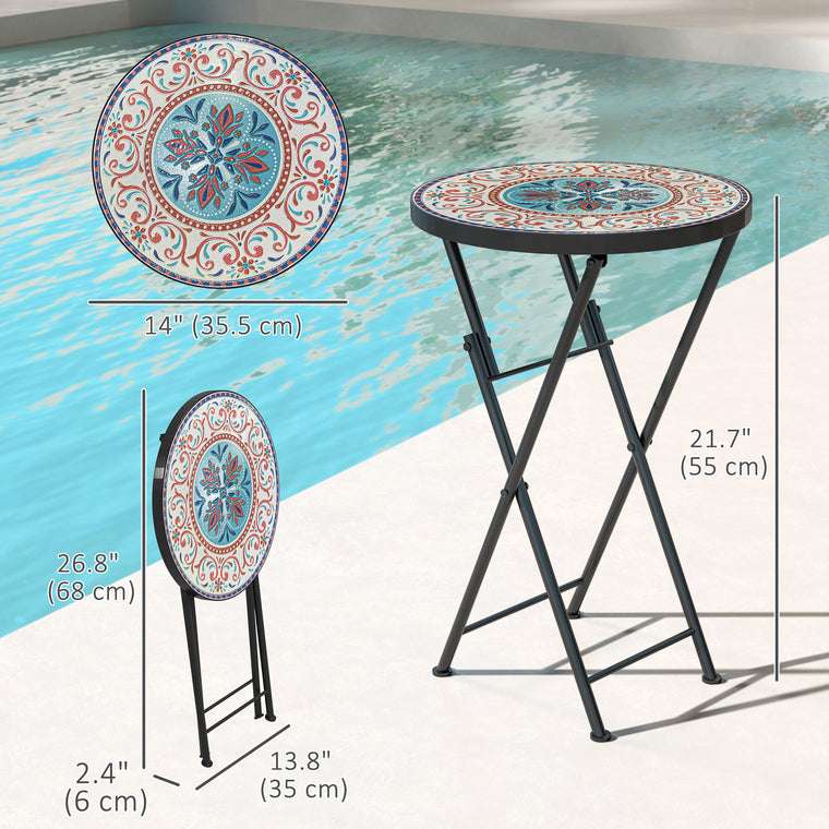 14" Round Mosaic Folding Coffee Table with Steel Frame