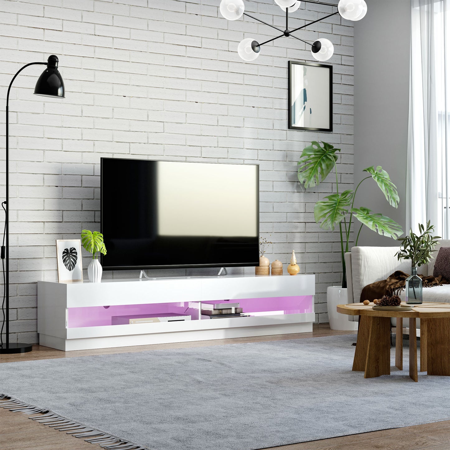 Lighted TV Stand for TVs up to 75", TV Cabinet with Storage for Living Room, High Gloss White