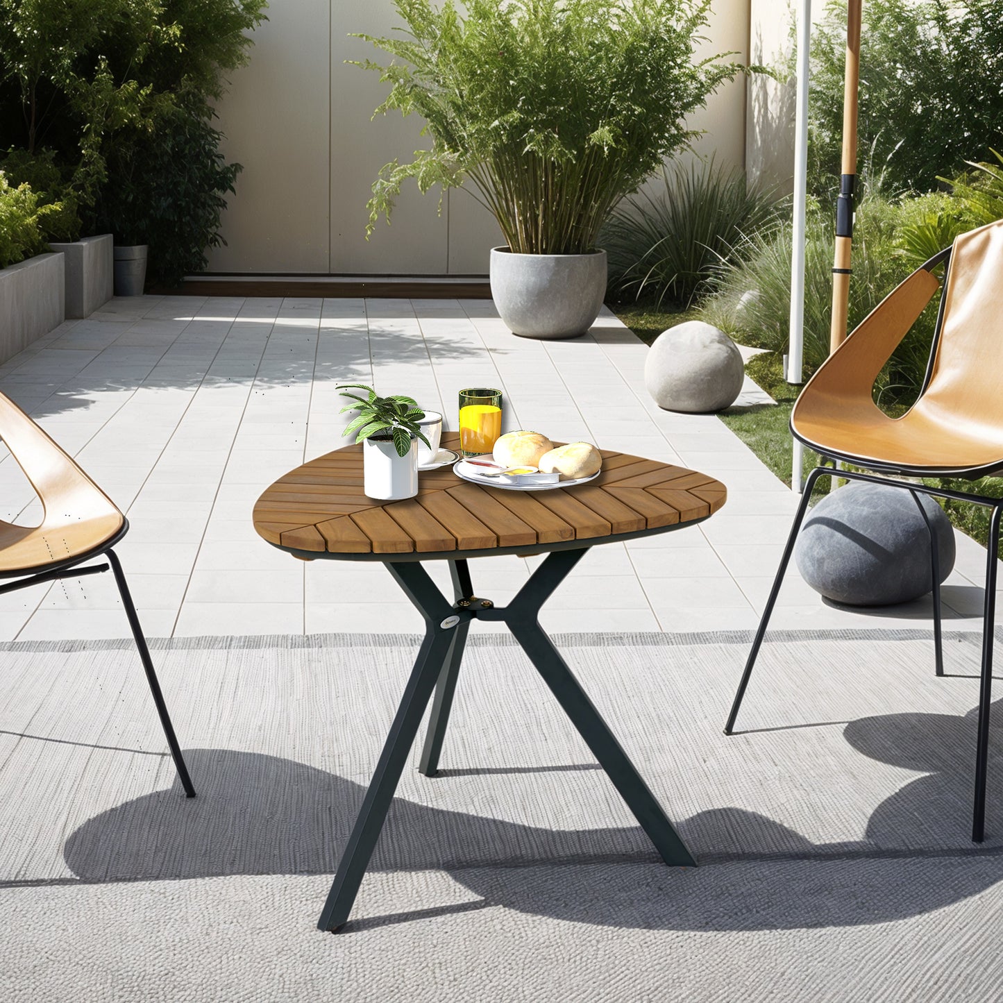 35.4" Outdoor Dining Table with Slatted Acacia Wood Leaf Tabletop, Patio Table with Steel Legs for Garden, Yard, Teak