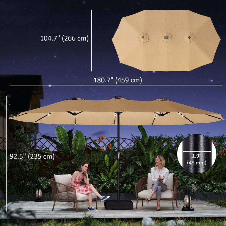 Double-sided Patio Umbrella with Base Included & 48 LED Lights 15ft Khaki