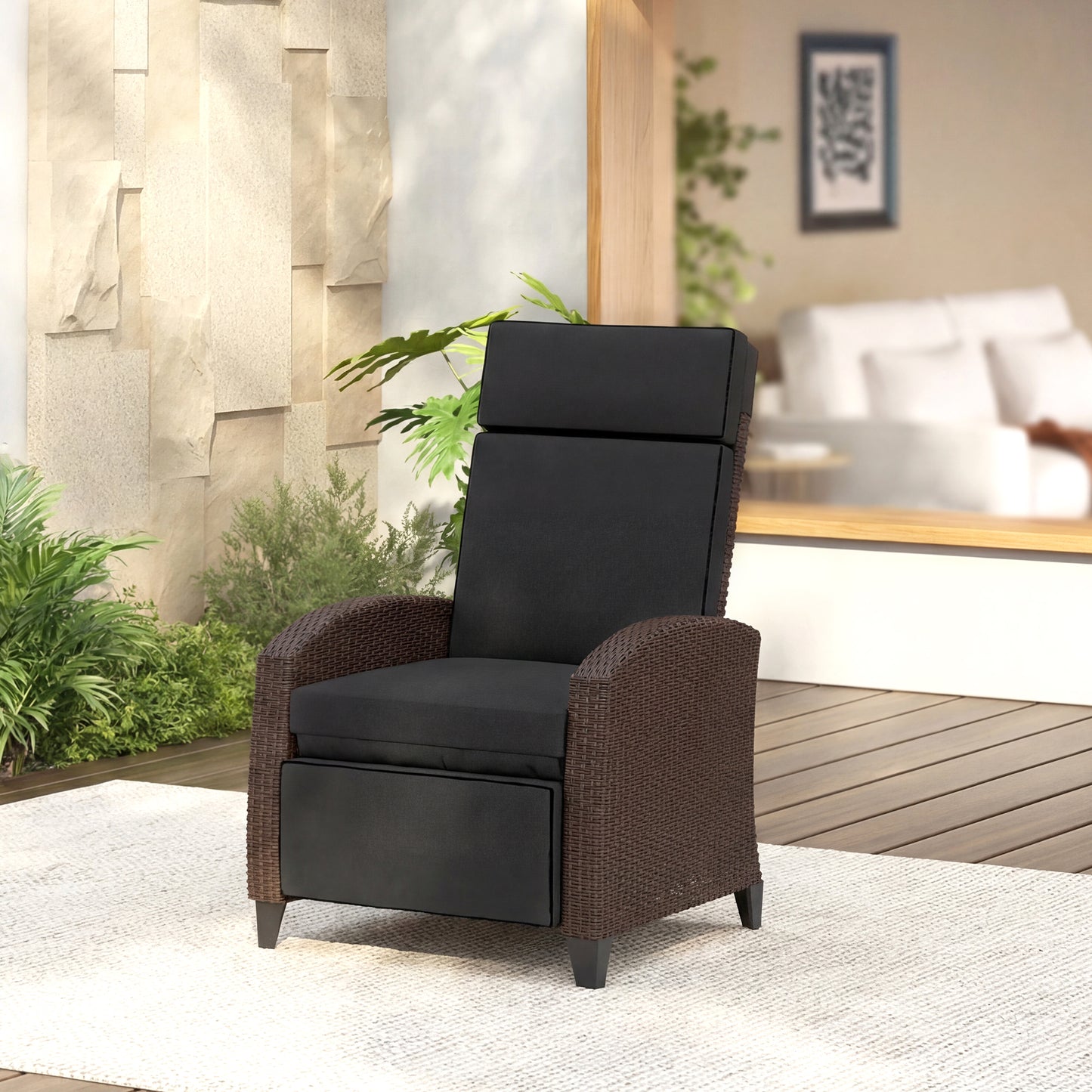 Outdoor Recliner Chair with Adjustable Backrest, Cushion, Side Tray, Black