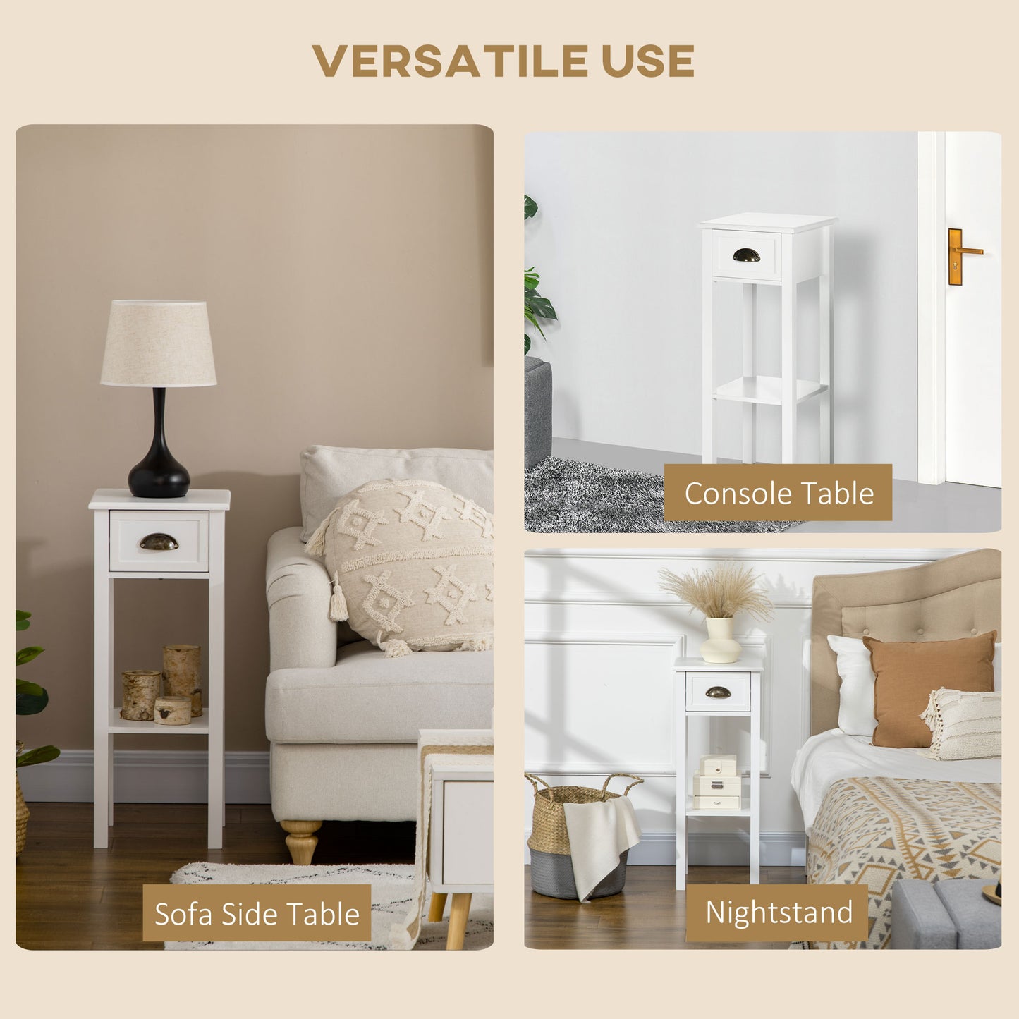 2 Tier Side Table, Set of 2, Narrow Tall End Table with Drawer and Shelf, Slim Wooden Nightstand for Living Room, Bedroom, Hallway, White