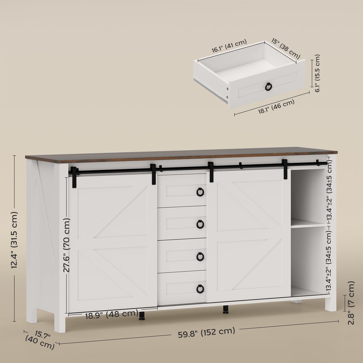 60" Buffet Cabinet, Farmhouse Sideboard with Sliding Barn Doors, Drawers and Adjustable Shelves, Cream White