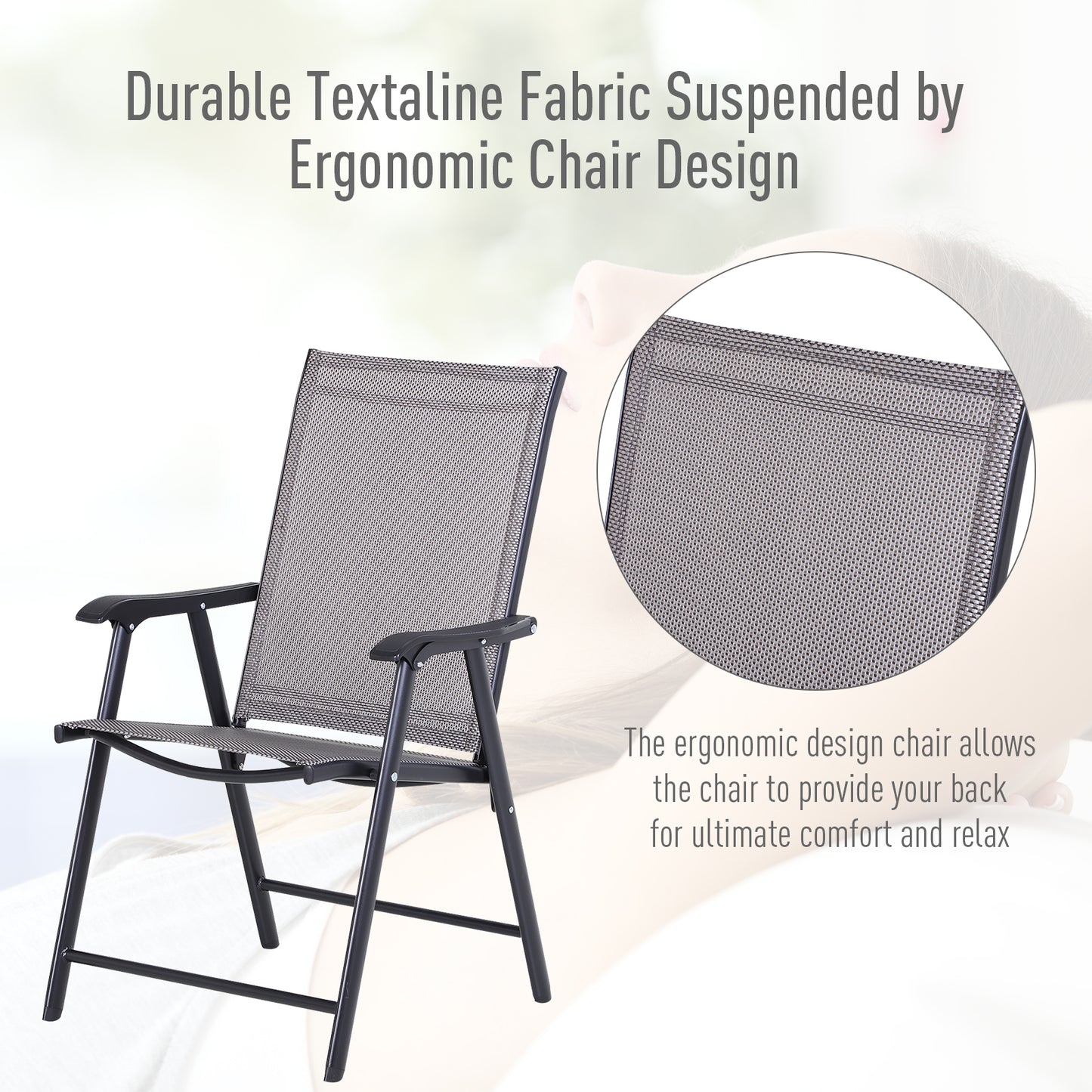Outdoor Dining Chairs Set of 2, Folding Patio Dining Set with Texteline and Steel Frame for Park Convenient Seat