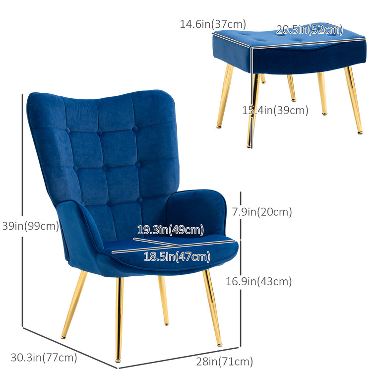 Accent Chair with Ottoman and Gold Legs - Dark Blue