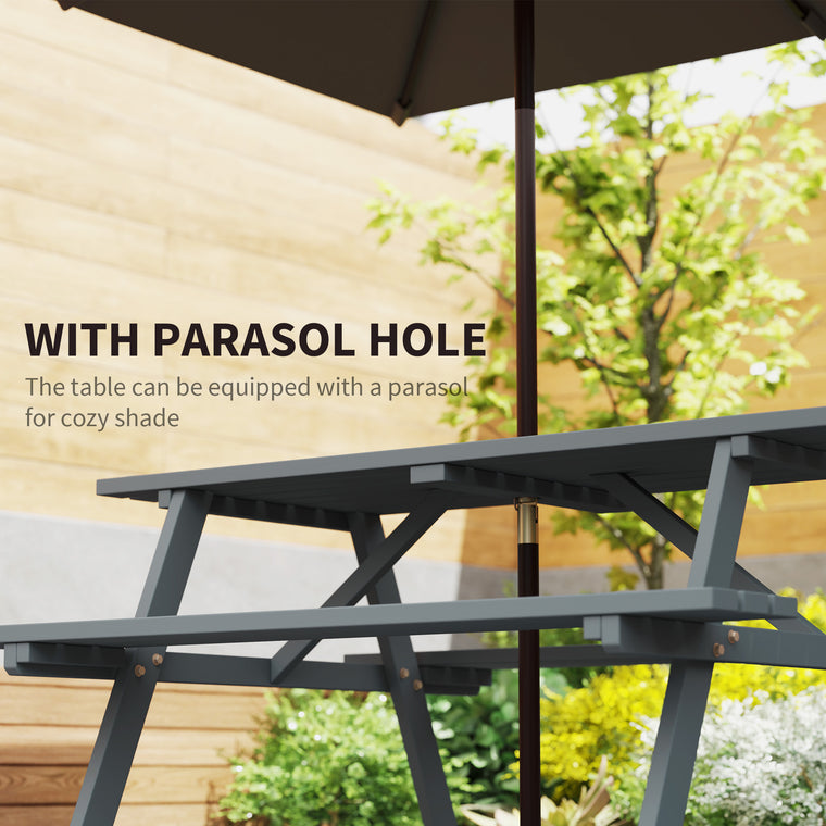 Wood Picnic Table and Bench Set with Umbrella Hole - Grey