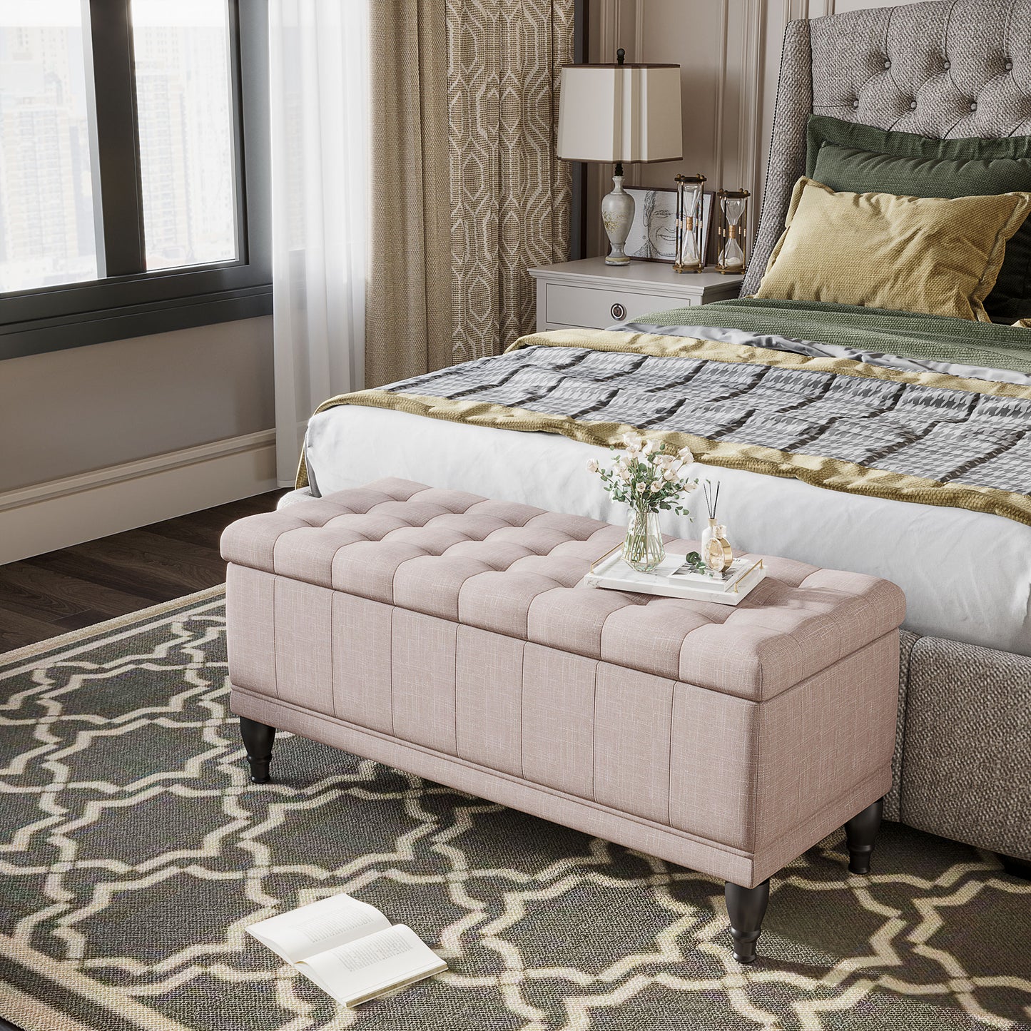 Storage Ottoman, Linen Fabric End of Bed Bench with Soft Close Lid, Button Tufted Storage Bench for Living Room, Entryway or Bedroom, 42" x 17" x 19", Beige