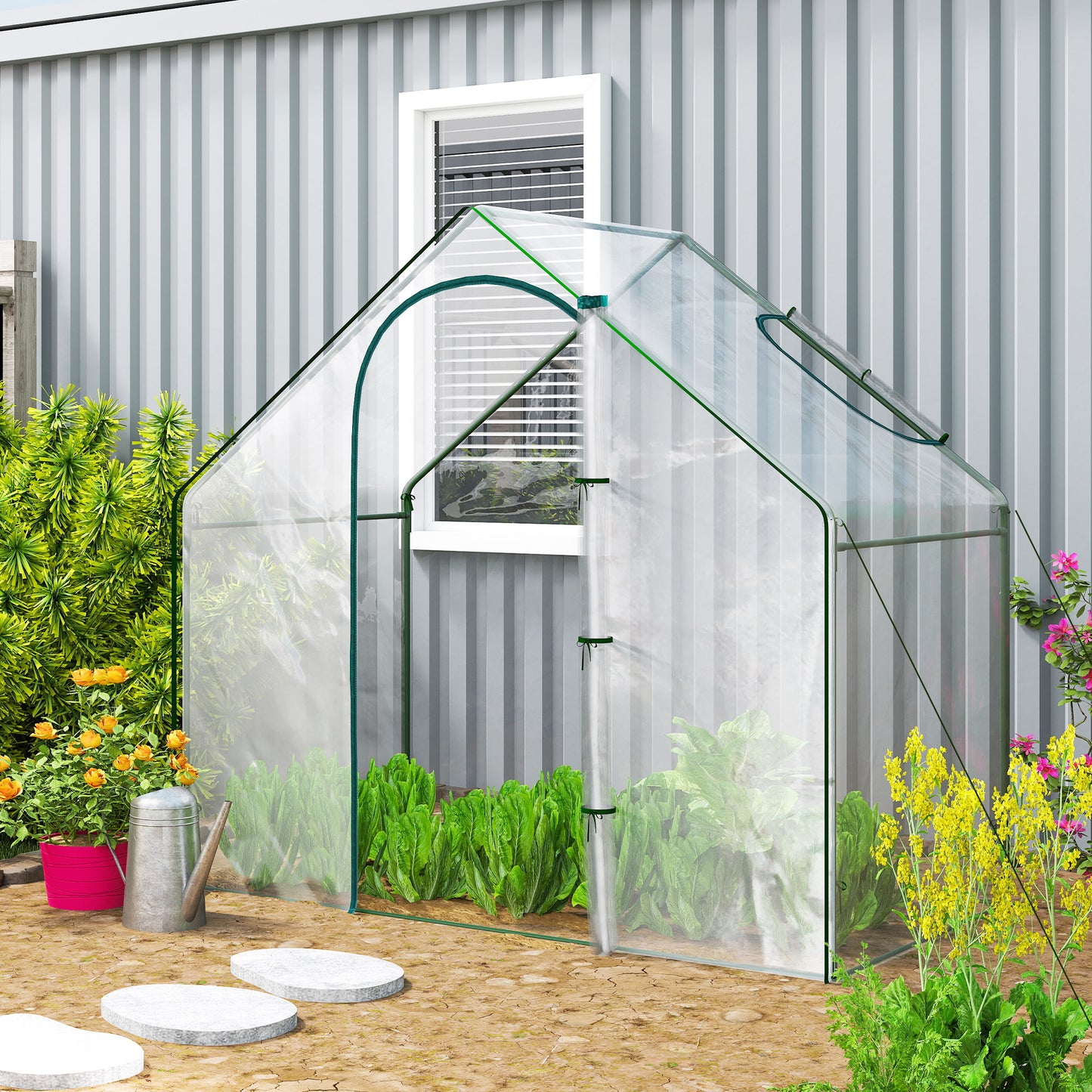 6'x3.3'x5.5' Walk-in Garden Greenhouse with Door and Window, Portable Mini Greenhouse for Plants Flowers Herbs, Steel Outdoor Hot House Growing Tent, Clear Plastic Cover
