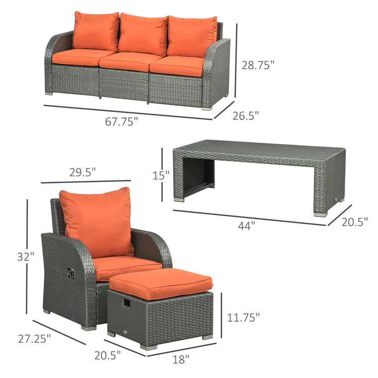 Orange 6-Piece Wicker Sectional Set with Recliners
