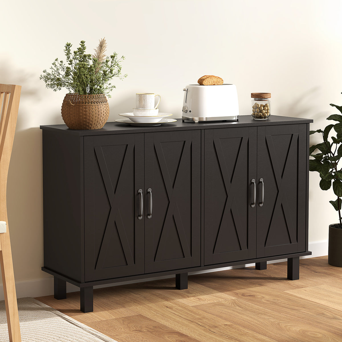 Kitchen Sideboard Cabinet with 4 Barn Doors and 2 Adjustable Shelves, Buffet Table for Living Room, Hallway, Black