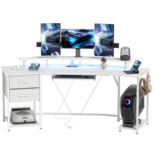 79" RGB Gaming Desk with Power Outlets and Drawers - White