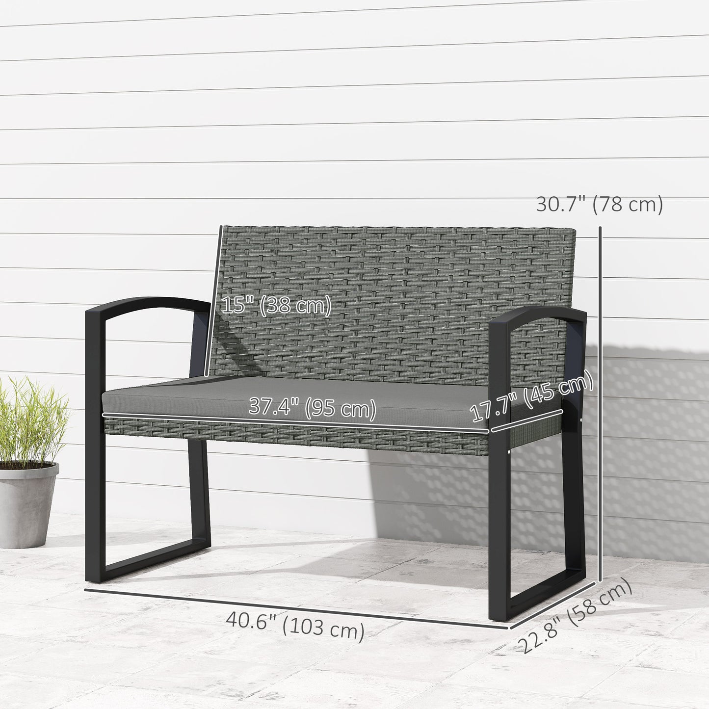 2 Seater Outdoor Bench, Rattan Garden Bench Loveseat with Cushion, Armrests, Steel Frame for Patio, Porch, Beige