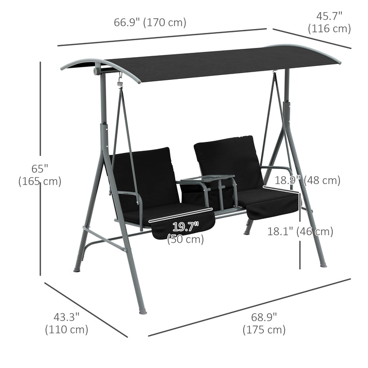 2-Seater Porch Swing with Adjustable Canopy and Table