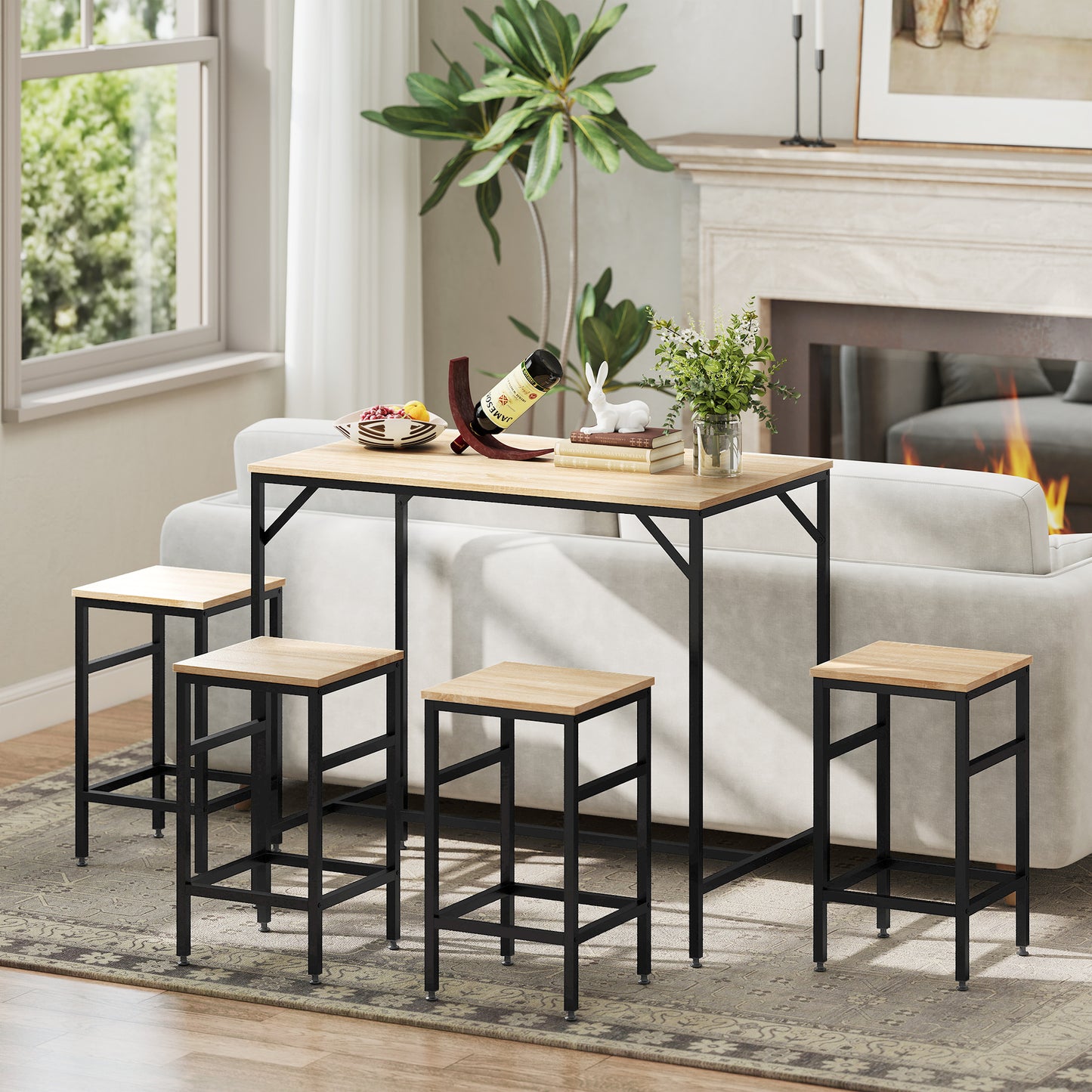 5 Pieces Industrial Rectangular Bar Table Set, Dining Table Set Breakfast Table with 4 Stools for Dining Room, Kitchen, Dinette, Oak
