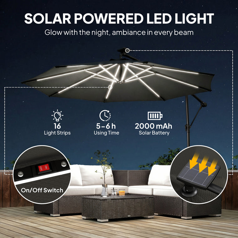 10' Black Offset Patio Umbrella with Solar Light & 360° Rotation