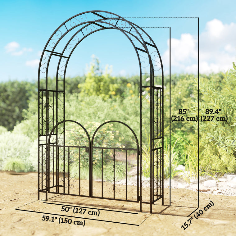 7.4' Black Steel Garden Arch with Gate & Trellis