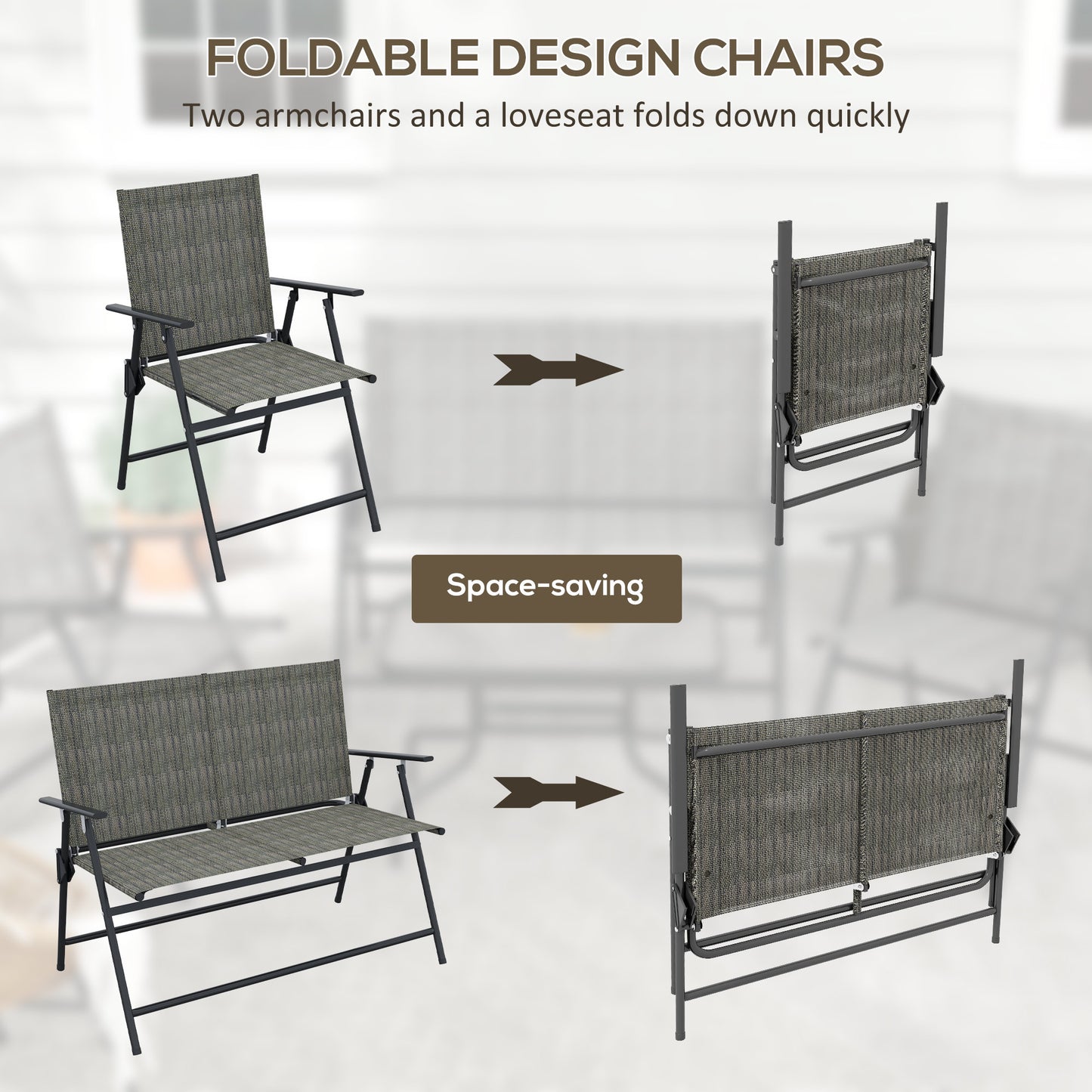 Outdoor 4 Pieces Patio Furniture Set, Garden Set with Two Foldable Armchairs, a Loveseat & Glass Top Table, Mixed Grey