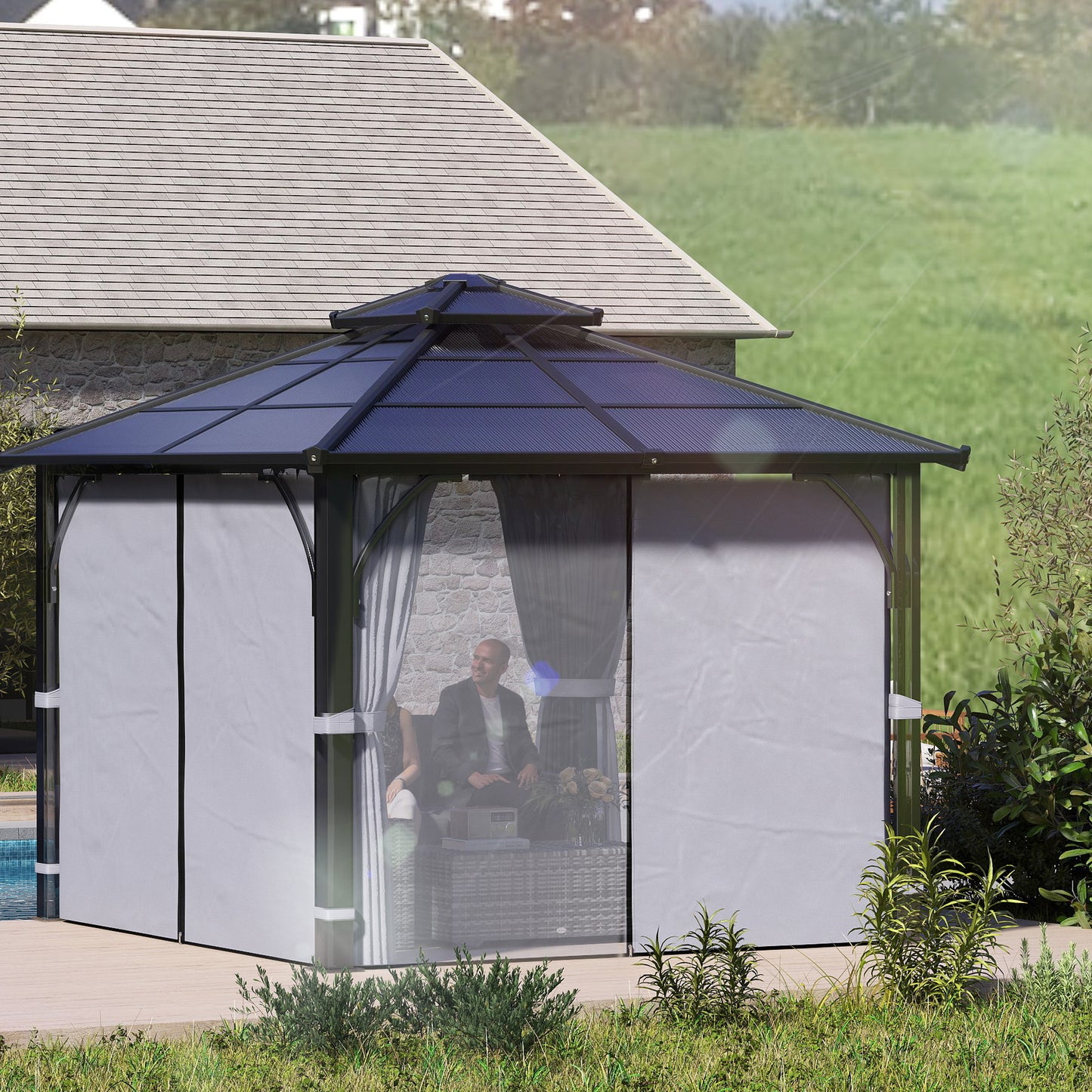 10' x 10' Hardtop Gazebo with 7mm Polycarbonate Double-Tier Roof, Outdoor Gazebo with Netting and Curtains, Dark Grey