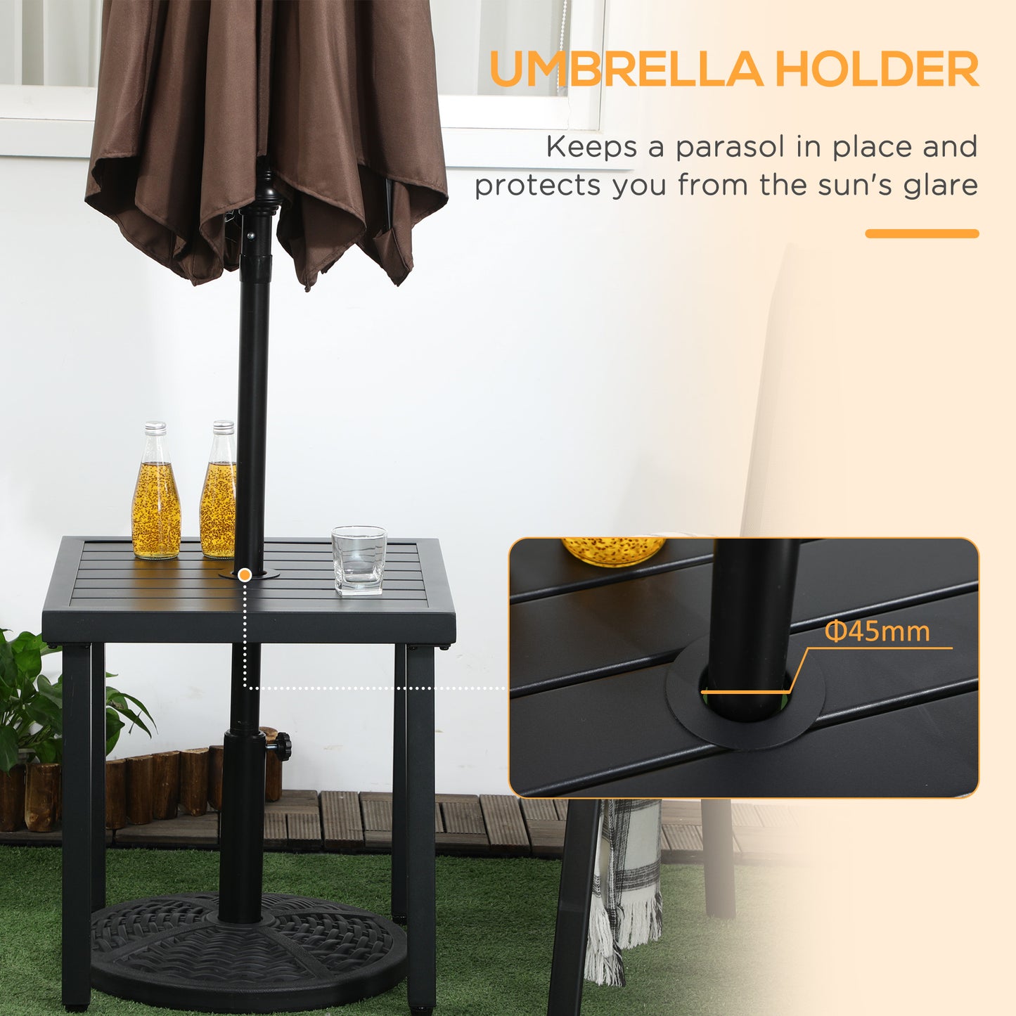 Outdoor Side Table, Patio End Table with Umbrella Hole, Small Coffee Table with Steel Frame for Balcony, Black
