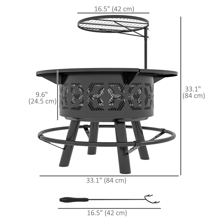 Black 33" Wood-Burning Fire Pit with Adjustable Grill Grate