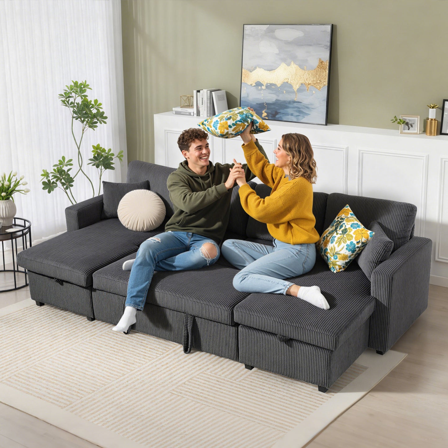 Convertible Sofa Bed, Corduroy U-Shaped Sleeper Sofa Couch with Storage Chaise, Pillows, Spring, Futon Couch, Grey