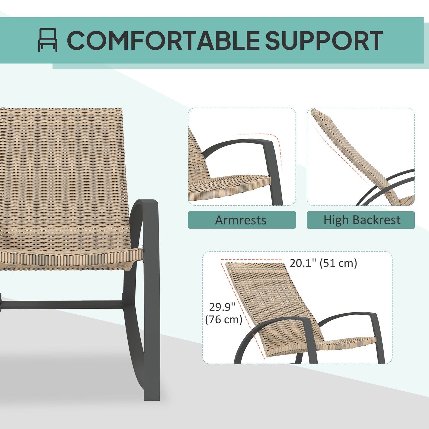 2 Pieces Wicker Patio Rocking Chair Set, Rattan Outdoor Rocking Chair Set with High Back, Armrests for Garden, Khaki