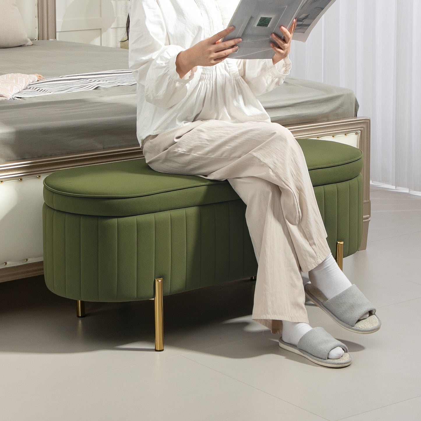 Upholstered Bedroom Bench, Channel Tufted Ottoman Bench with Thick Padding and Metal Legs, Dark Green