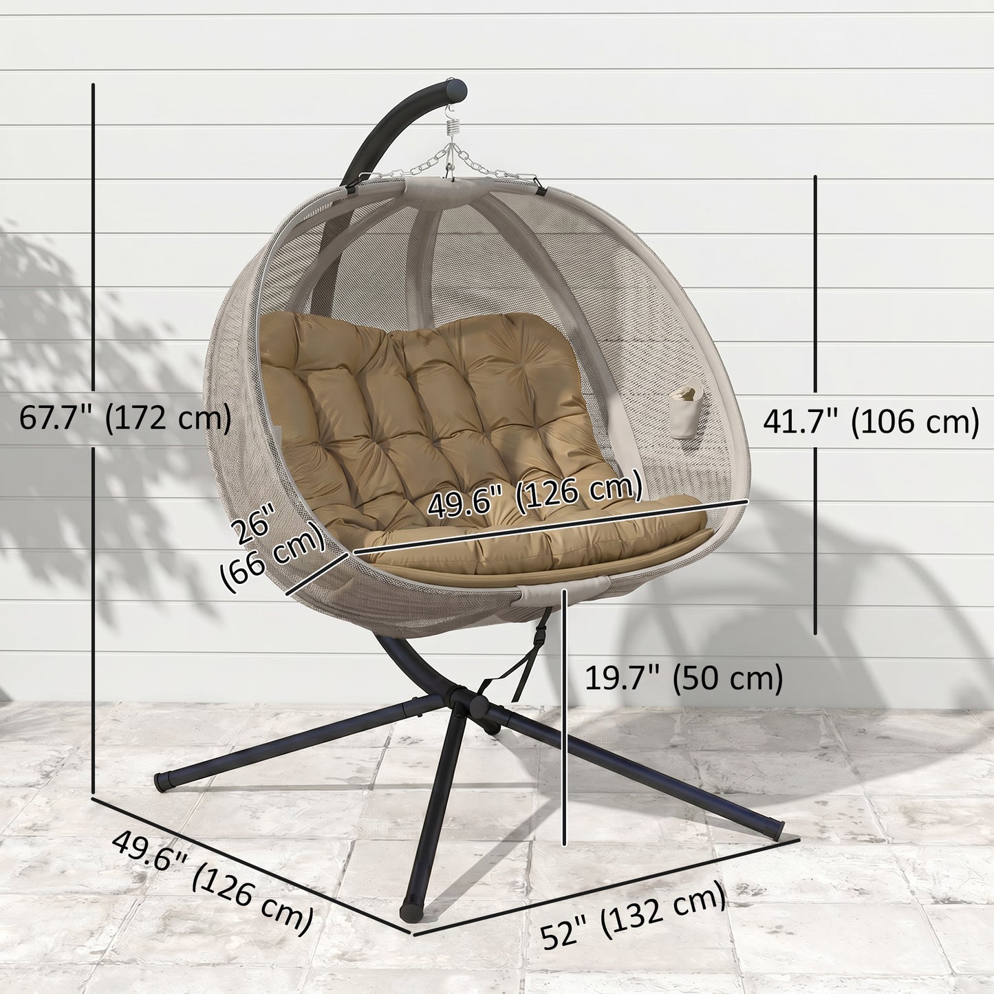 Double Egg Chair with Stand, 2 Person Hanging Swing Egg Chair with Cushion, Pockets, Khaki